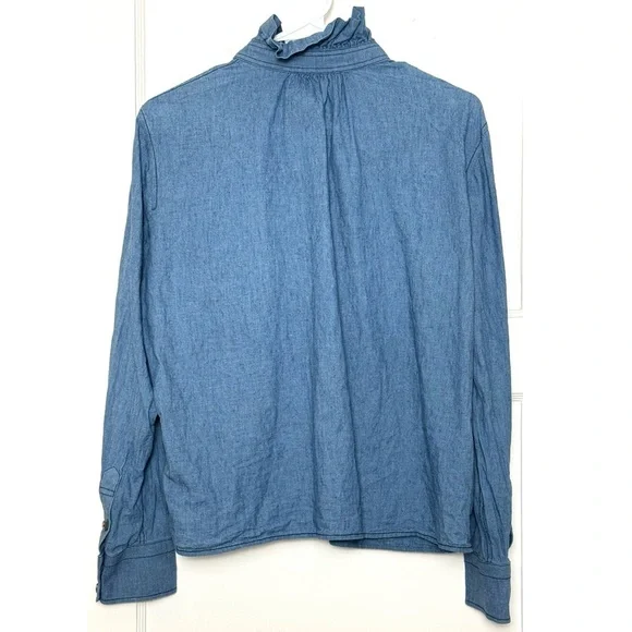 TORY BURCH Linen Cotton Chambray Ruffle High Neck Long Sleeve Pocket Blouse 10‎ - Picture 5 of 11